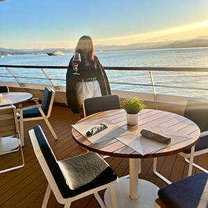 World Traveller Deck in the Lisboa Restaurant, Al Fresco Dining with View of the Mediterranean Sea in the background
